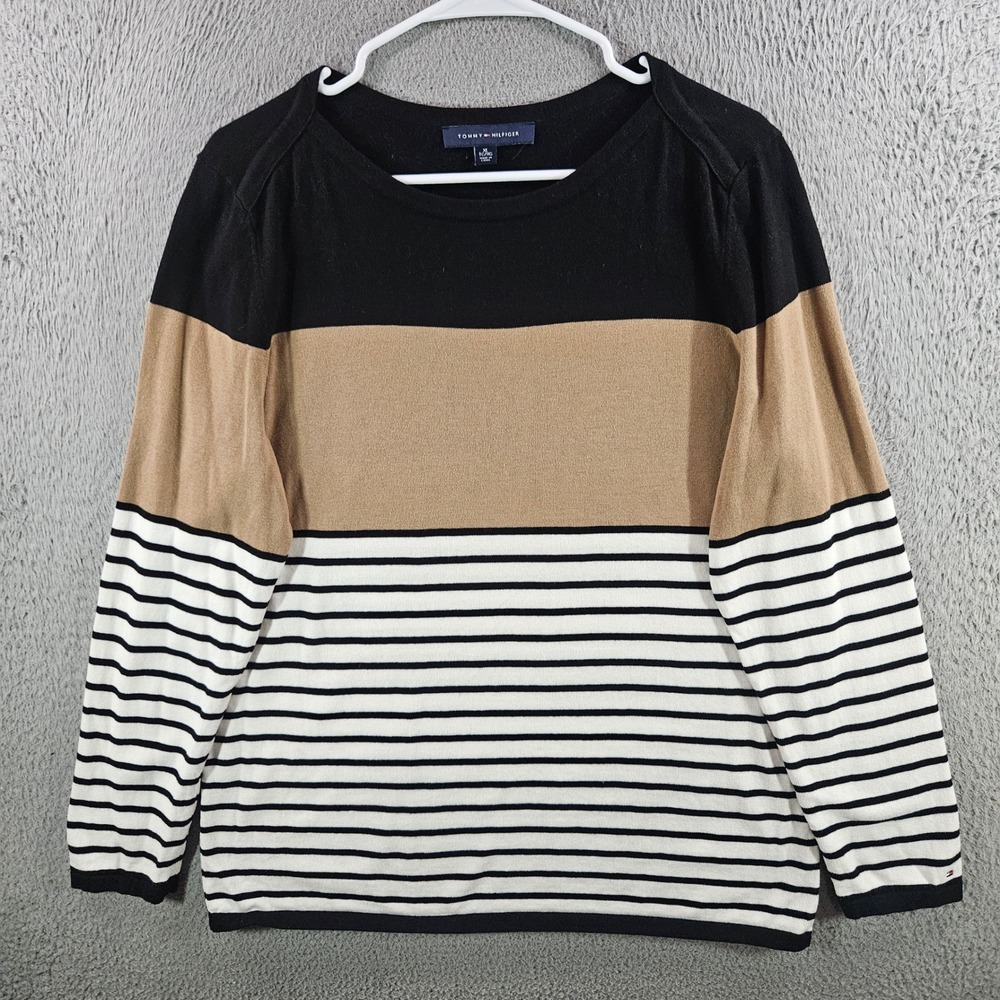 Tommy Hilfiger Women XL Sweater Colorblock Striped Cotton Knit Black Tan White